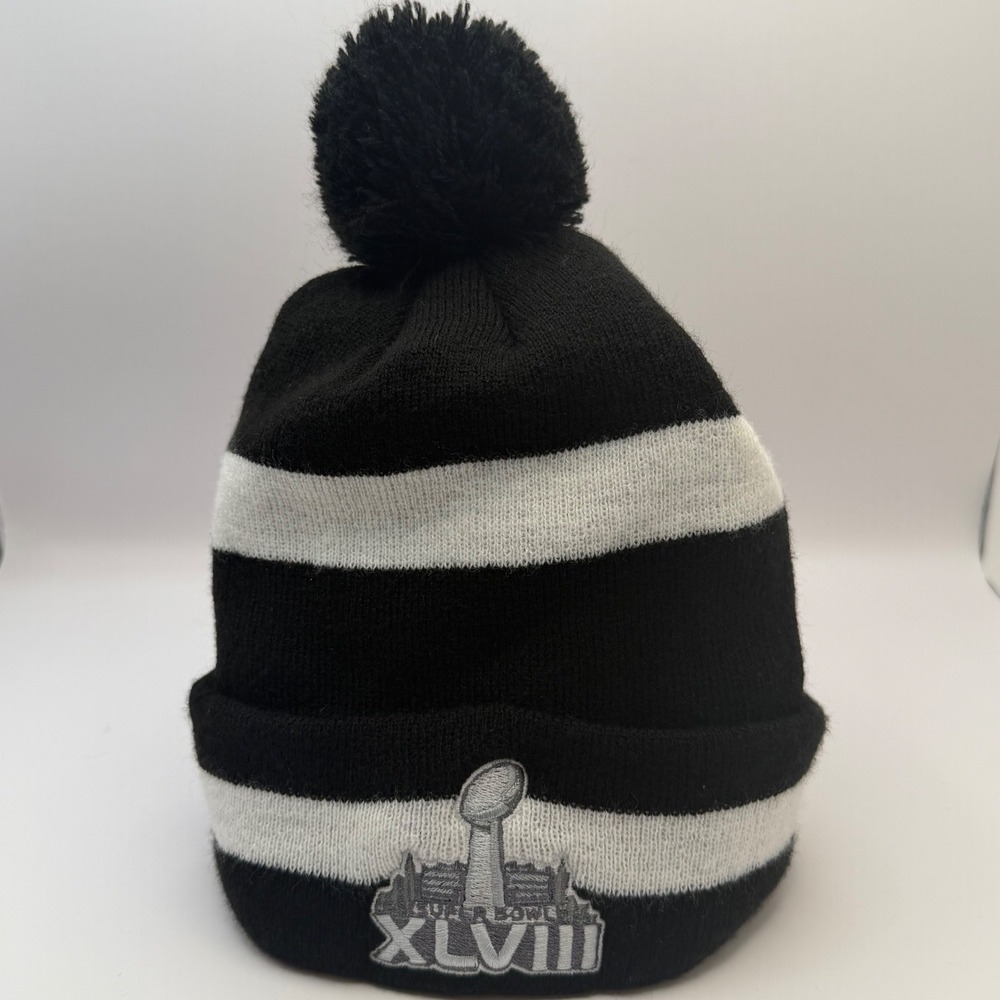 New Era Seattle Seahawks Super Bowl XLVIII Beanie Hat Black White Striped Pom